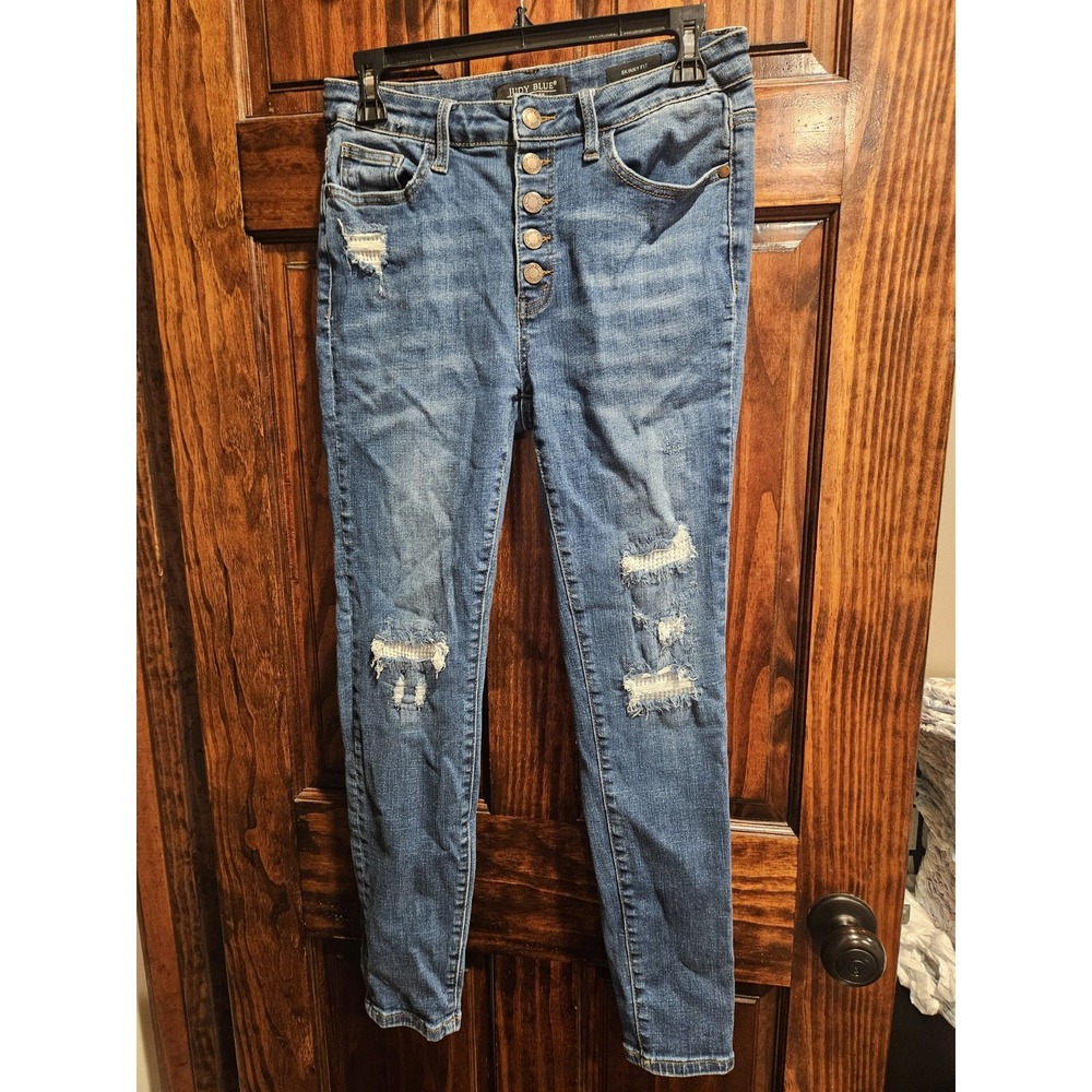 Judy Blue Size 9 Skinny Fit 5 Button Fly Destroyed Distressed Jeans Blue